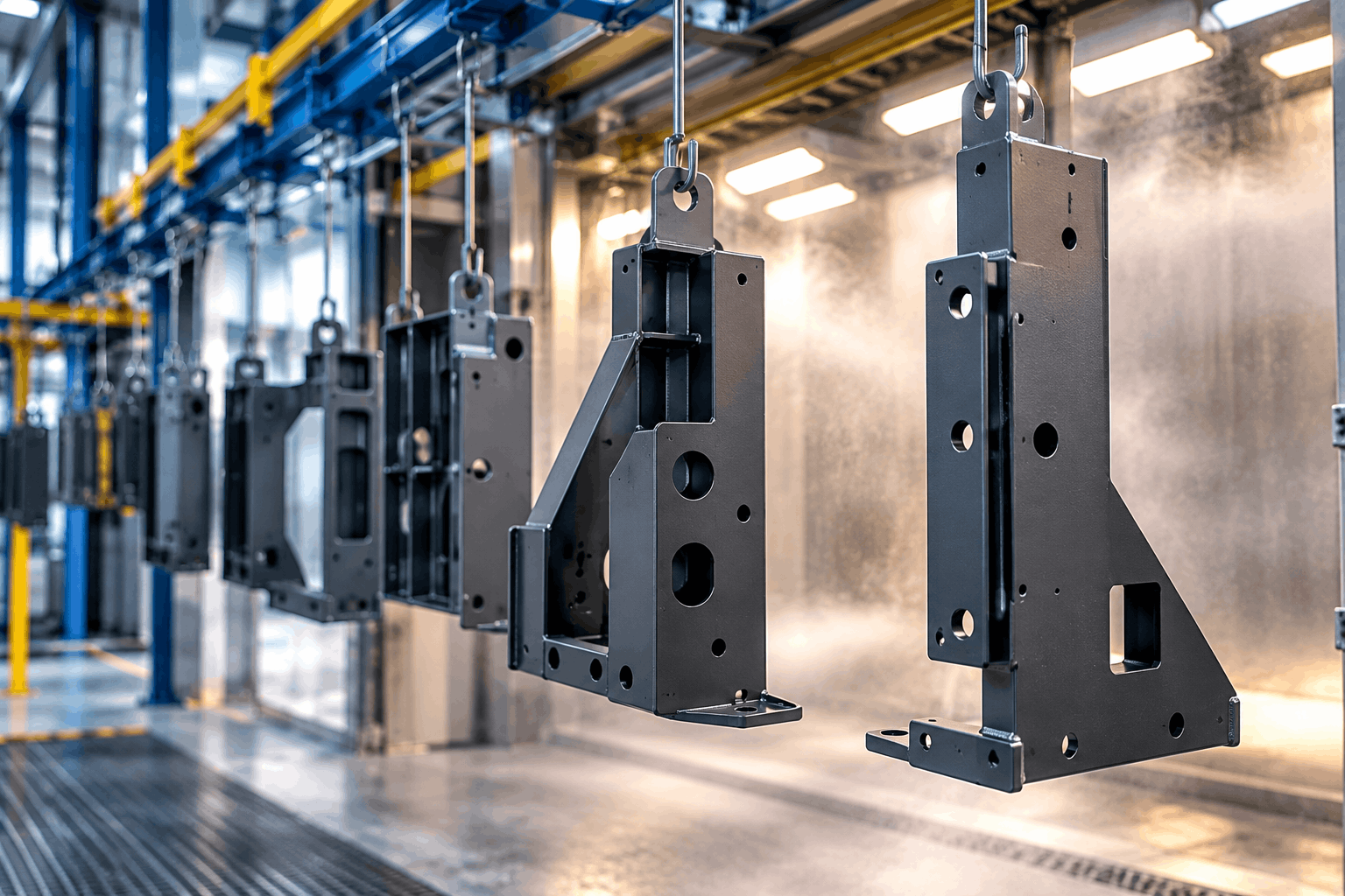 Industrial machinery components and fabricated metalwork arranged on an assembly bench